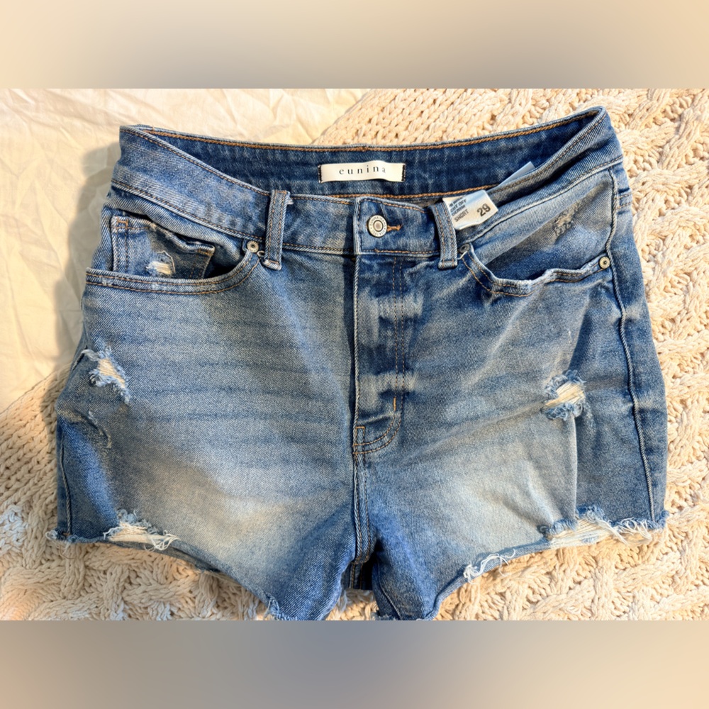 eunina Distressed Light Blue Denim Shorts